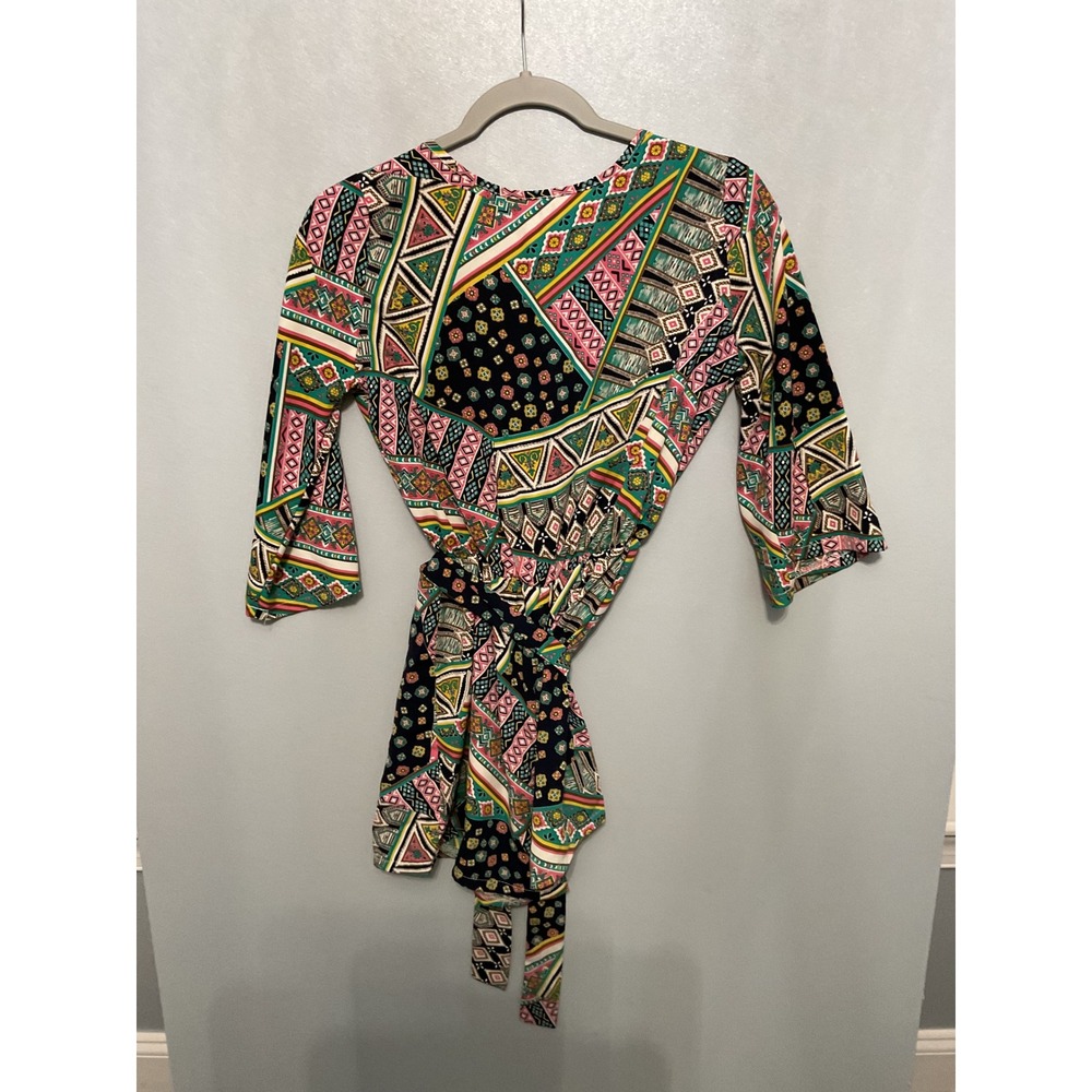 Chico Womens Boho Patchwork Wrap Dress Kimono Sleeve Belted - Picture 3 of 6